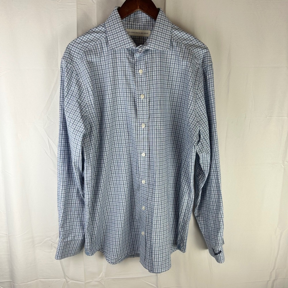 Holderness & Bourne McPhail Shirt Mens L Blue Check‎ Tailored Fit Southern Hills